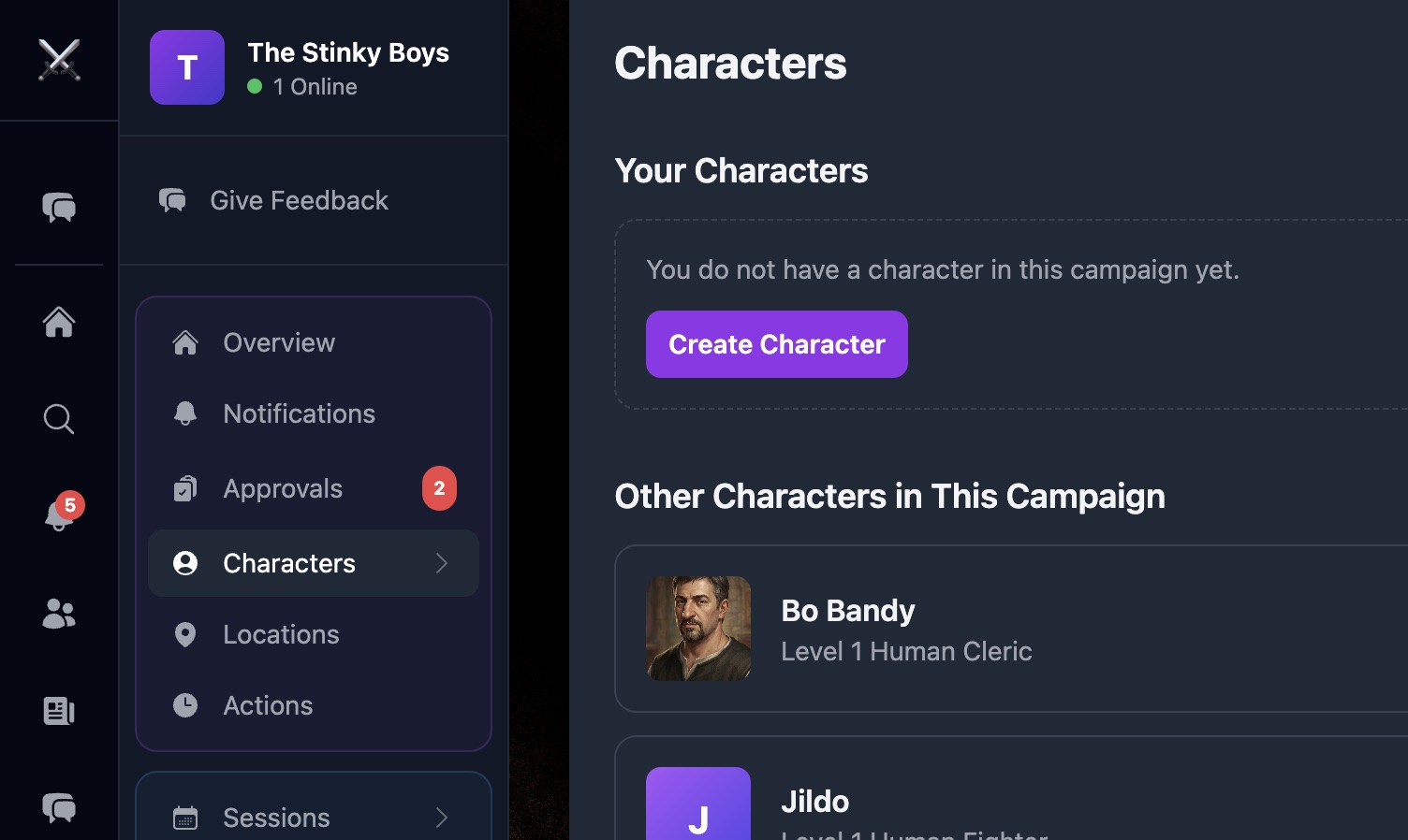 Party characters organized inside a campaign with portraits and classes
