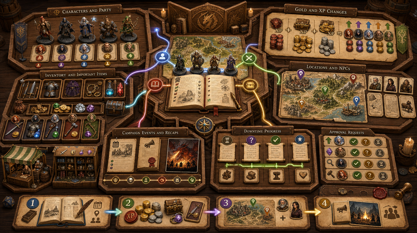 Gold & XP campaign tracker showing party progress and recent activity