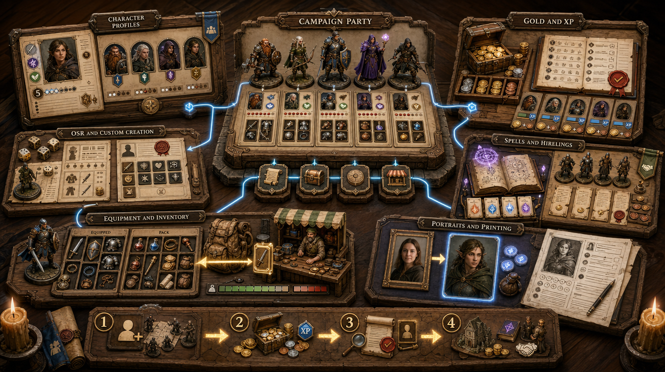 Gold & XP character manager showing character details and progression
