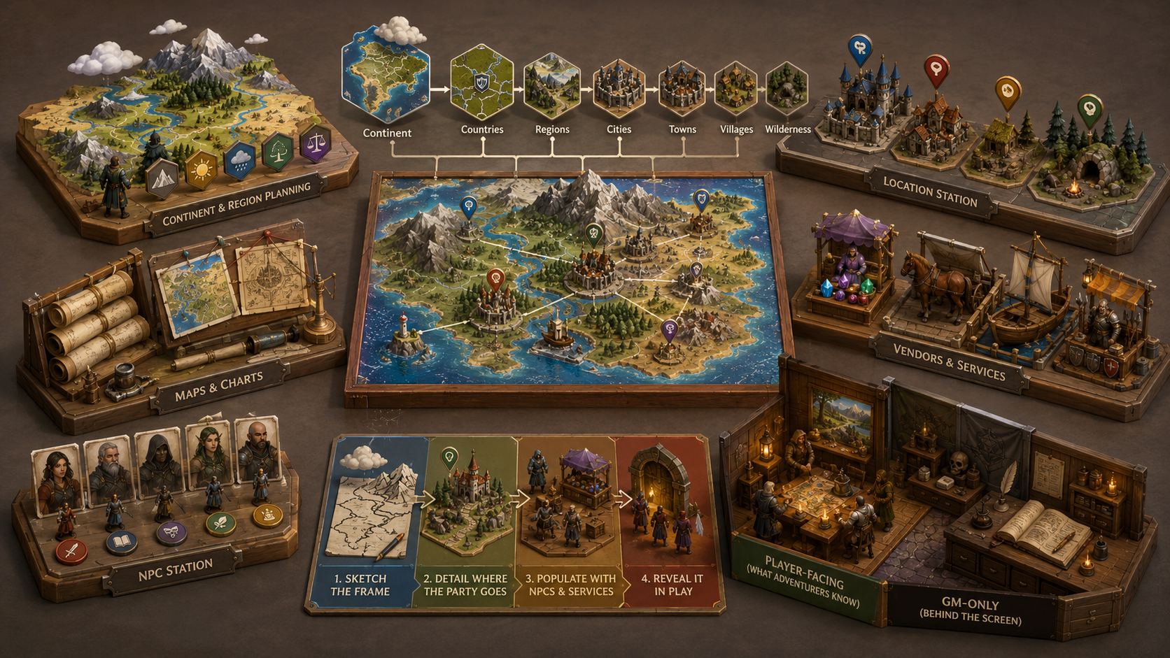 Gold & XP worldbuilding tools for locations, NPCs, and maps